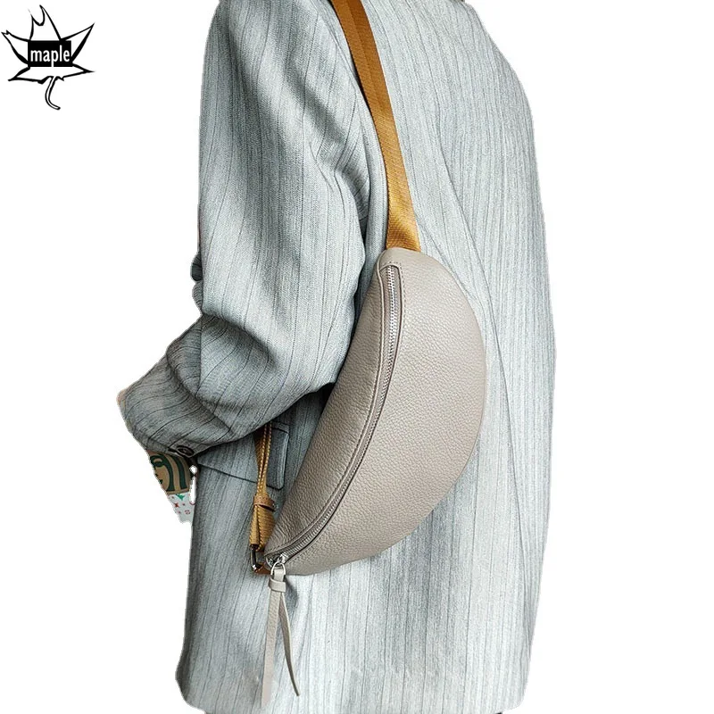 

New Wide Strap Fashion Rock Women Crossbody Bag Banana Shape First Layer Cowhide Leather Ladies Boss Chest Waist Bag