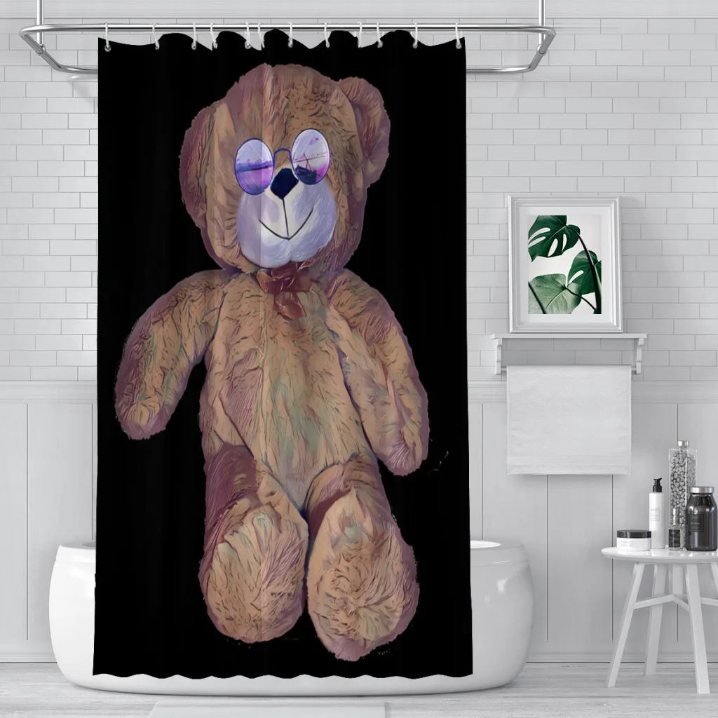 With Cool Sunglasses Shower Curtains Teddy Bear Waterproof Fabric Funny Bathroom Decor with Hooks Home Accessories