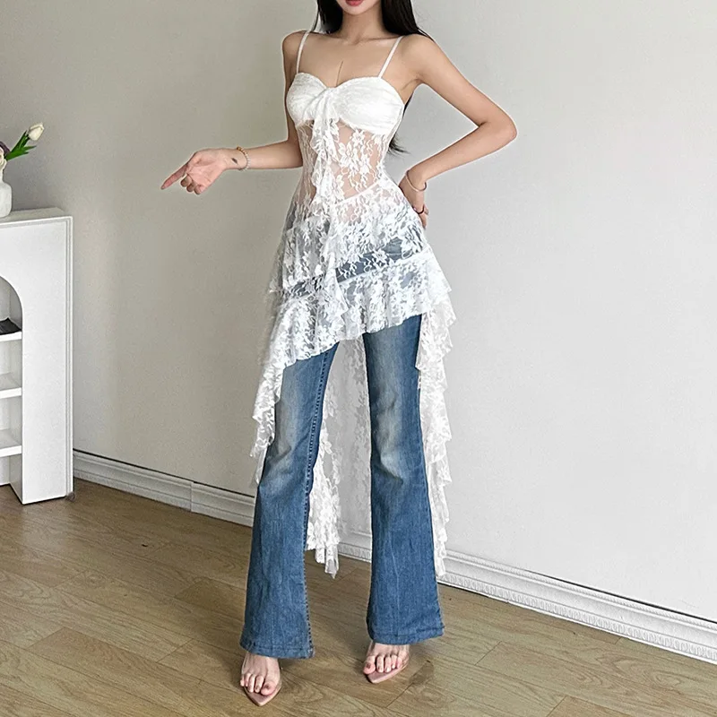 

SKMY 2026 Summer New Women Clothing Sleeveless Spaghetti Strap Dress Sexy Spicy Girl Style Hollow Out Lace Irregular Hem Dress