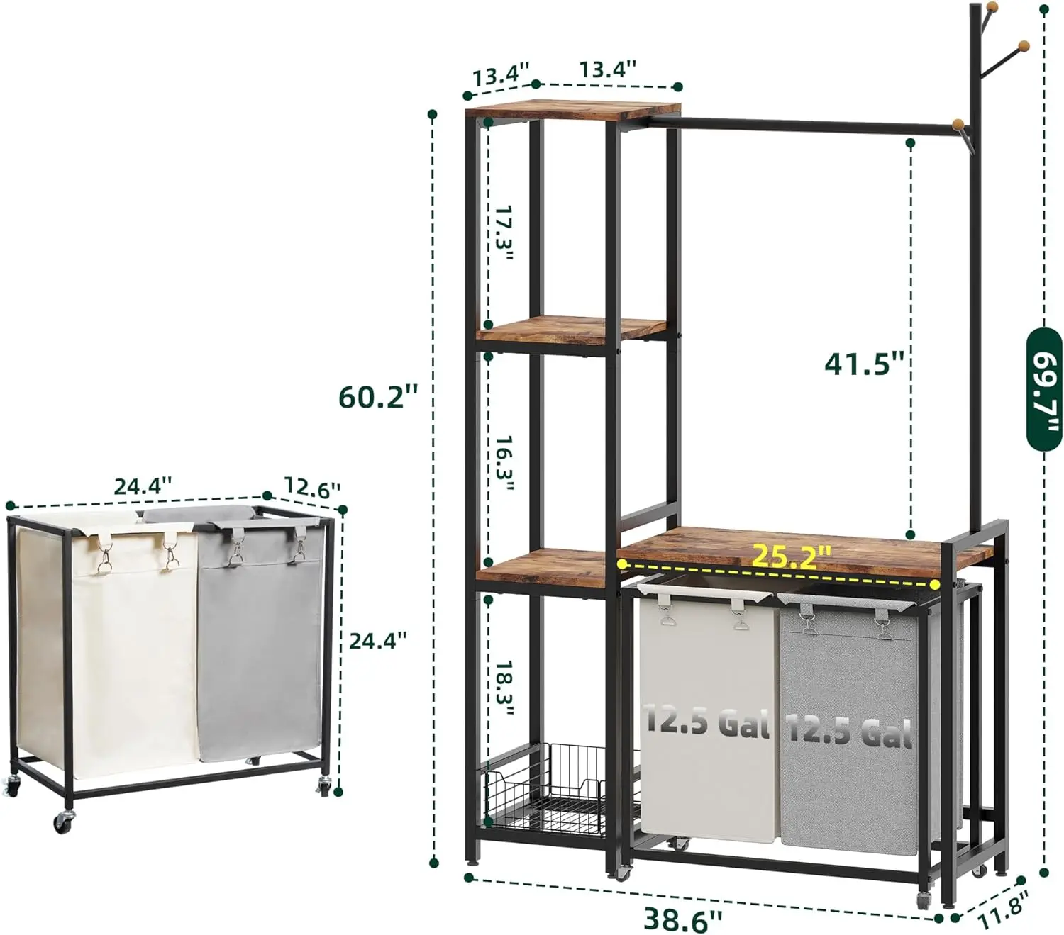 Laundry Basket 2 Section Laundry Hamper With Shelf Clothes Rack with Laundry Sorter 2 x 12.4 Gal Removable Bags on Wheels