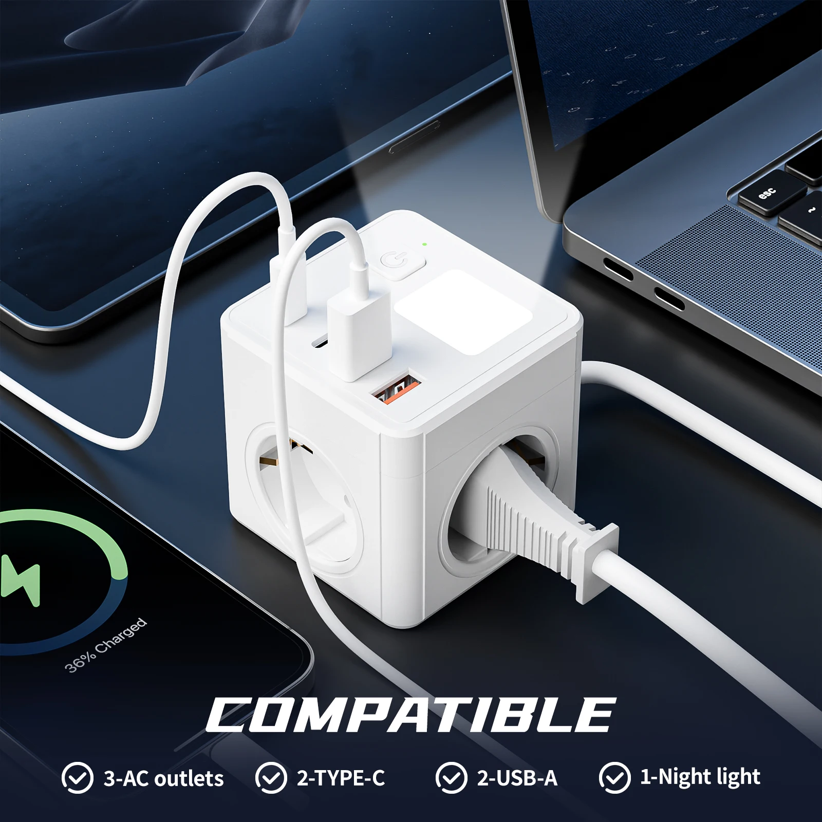 1 مقبس طاقة 8 في 1 من الاتحاد الأوروبي، مع لوحة طاقة سلك تمديد 1.5 متر، 3 مقابس تيار متردد و2 USB و2 Type-C وإضاءة ليلية صغيرة قابلة للتعتيم