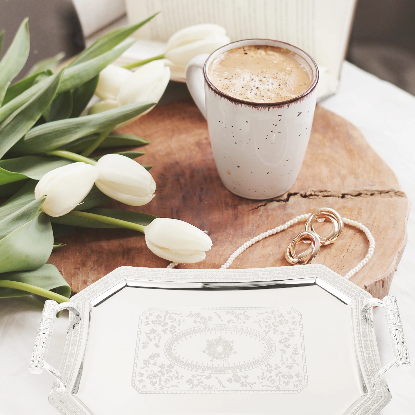 

European Style Binaural Tray Silver Coffee Table Display Fruit Serving Dish Snack Platter Trinket Appetizer Vintage Unbreakable