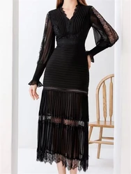 Long Sleeve Dresses Women 2023 Party Spring Embroidery Woman Dress Autumn Lace Luxury Runway Boho Solid Black High Waist Elegant