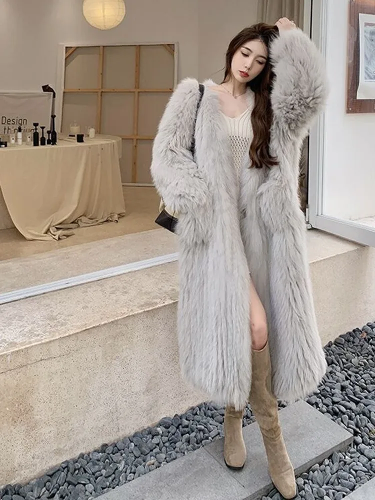Eco-Friendly  Fur Coat Women's Winter Long Jacket High-End Young Style Casual Loose Fit V-Neck Button Closure No Hat