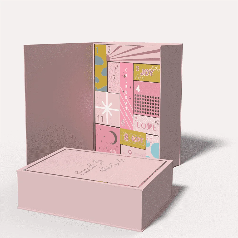 カスタムクエリカスタム空の化粧品アドベントカレンダーギフトボックスピンク段ボール紙箱高級アドベントカレンダーボックス12日間