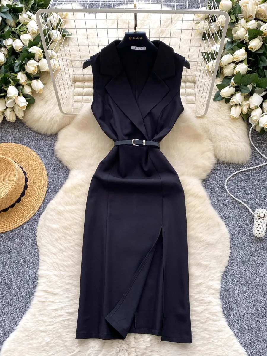 Foamlina-vestido de lujo de estilo británico sin mangas para mujer, vestido de Color liso con abertura de solapa, vestido elegante ajustado Vintage para oficina OL