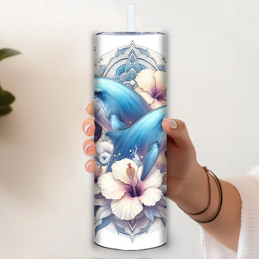 20oz Insulated Travel Party Skinny Straight Coffee Tumblers with Lid Straw Stainless Steel 3D Print Dolphin & Flowers Vacuum Cup