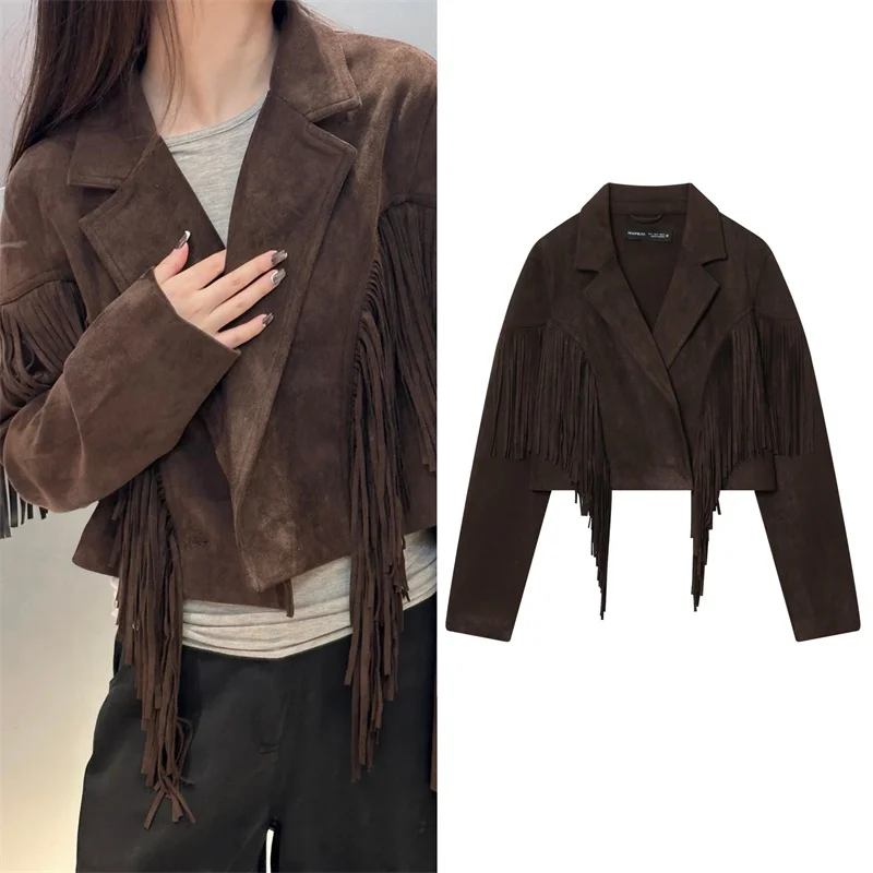 

Women's Jacket 2025 Autumn New Style Dark Brown Long-Sleeve Suede Fringe Short Jacket Biker Style Trendy and Fashionable