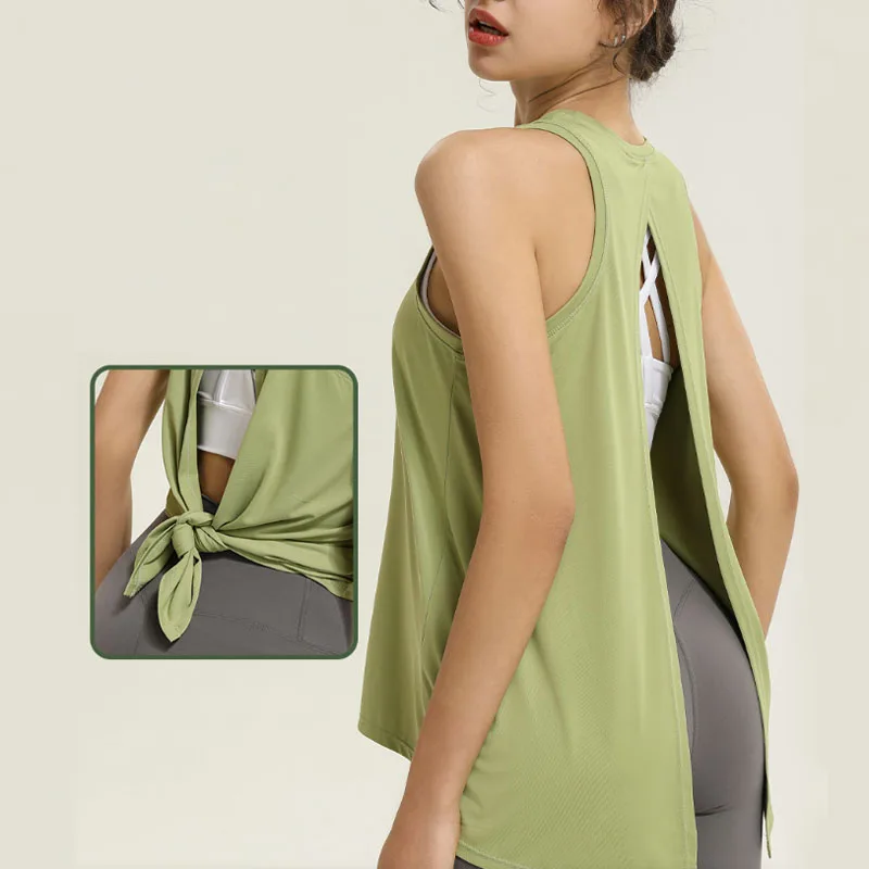 Aiithuug Tie Back Gym Sleeveless Women Workout Split Back Yoga Vest Loose Yoga Vest Split Back Quick Dry Yoga Tops Sleeveless