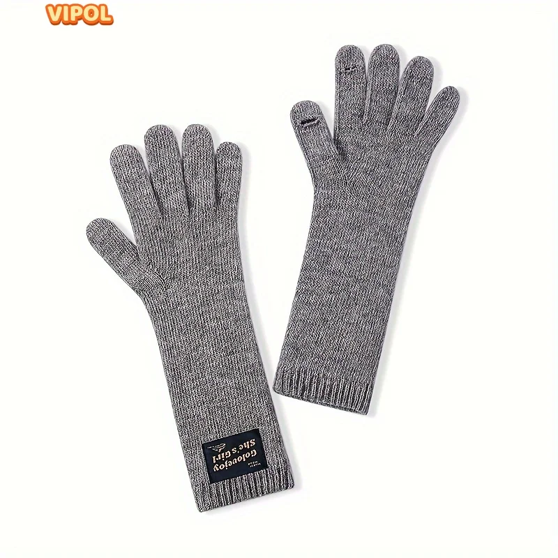 

Letter Label Decor Knit Gloves Thick Soft Warm Solid Color Wool Gloves Autumn Winter Lengthen Warm Elastic Touchscreen Gloves