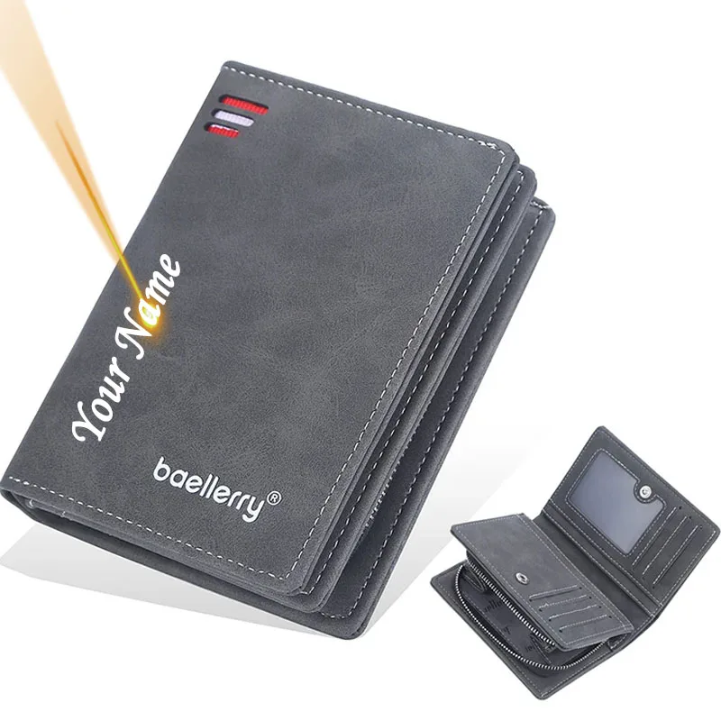 Name Customized Card Holder Zipper Coin Pocket Photo Holder Engrave Custom Name Logo Short Men Wallets Personalized Gift for Him