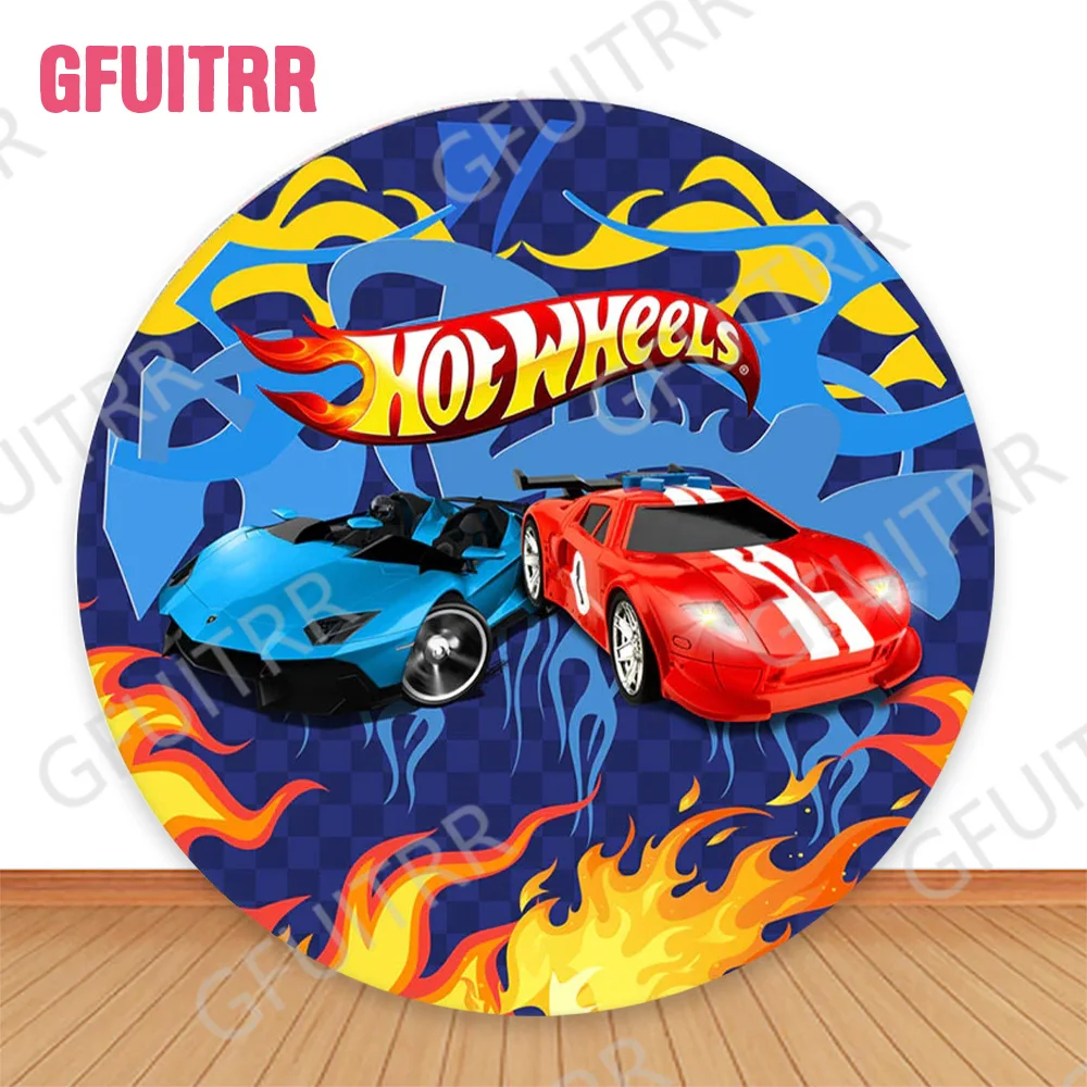 GFUITRR Hot Wheels Round Backdrop Kids Birthday Party Baby Shower Decoration Circle Covers Vinyl Polyester Background