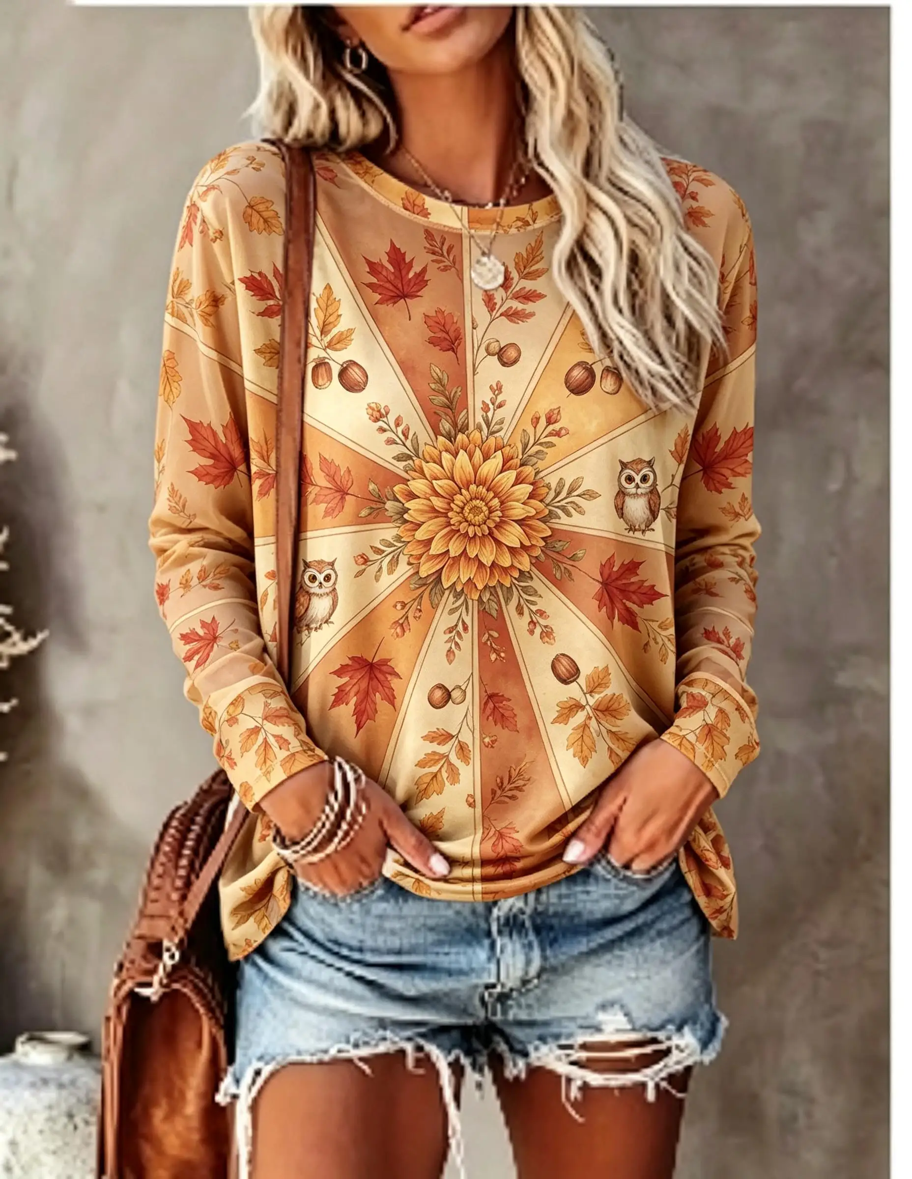 Women Long Sleeve T Shirt Fall Sunflower Owl Maple Leaf Acorn Mandala Print Crew Neck Casual Tops