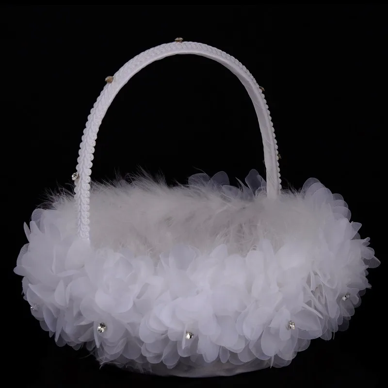 Ostrich Feather Bags Chiffon Petal Basket Wedding Party Rhinestone Flower Girl Basket Fairy Candy Box White Tote Sugar Box