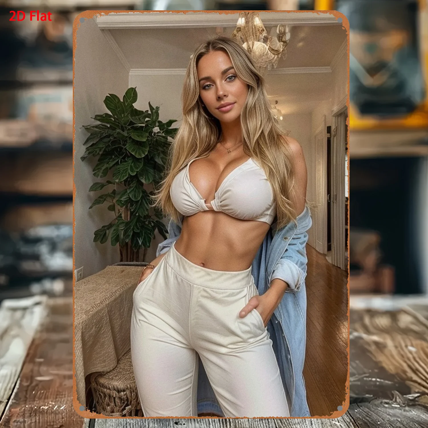 Retro-Metallschild, Aufdruck „Blonde Frau in lässigem weißem Oberteil und Hose“, moderne Lifestyle-Wanddekoration für Zuhause, Zimmer und als Geschenk