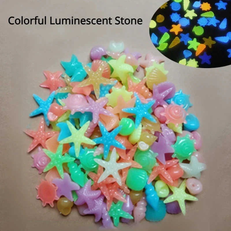 100PCS Luminous Stone Colorful Shells Starfish Conch Shaped Luminescent Stone Fluorescent Pebbles Fish Tank Aquarium Decorations