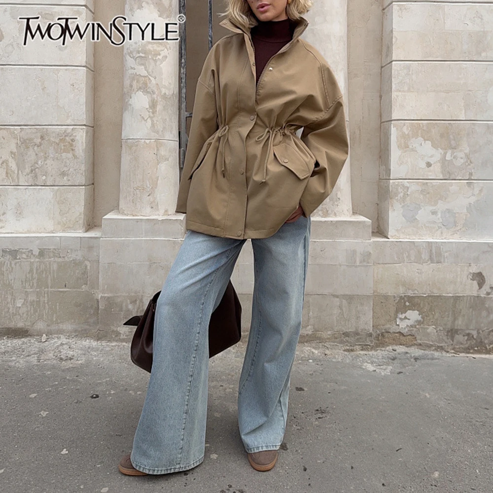 TWOTWINSTYLE Casual Drawstring Women Jackets Stand Collar Long Sleeve Chic Loose Jacket for Daily Weekend Outing Wear Fashion