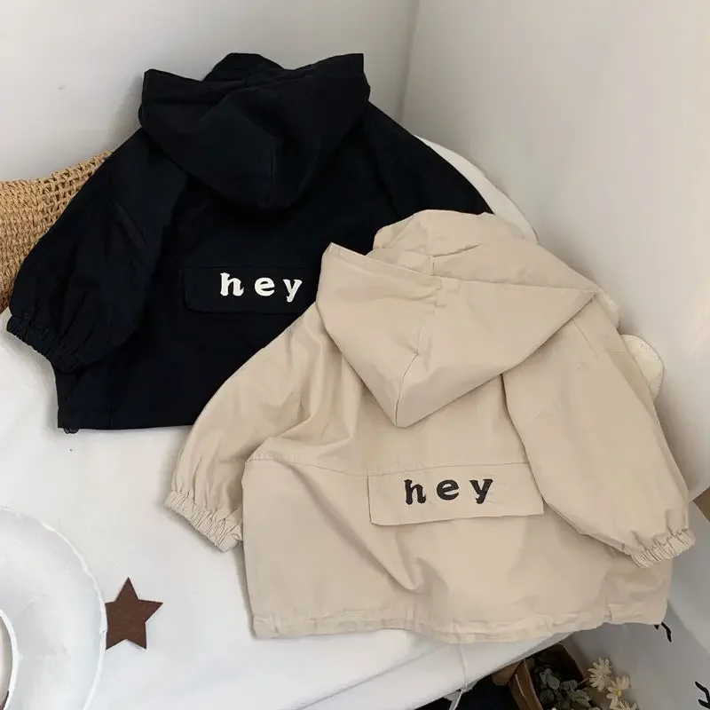 Korean Style Spring Autumn Baby Boys Girls Hoodies Black Beige Letter Print Zipper Coats Cardigans Trench Kids Clothes