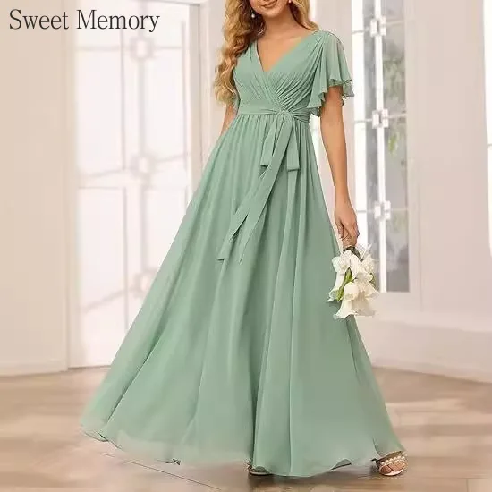 Vestidos de Noche elegantes personalizados, vestido largo hasta el suelo de gasa con cuello en V y manga corta, vestido de fiesta con memoria dulce para mujer