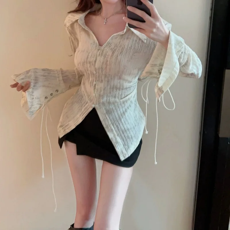 Flare Sleeve Shirts for Women Chic Lace-up Design French Style Spring Autumn Retro Sweet Sexy Girls Tops All-match Streetwear