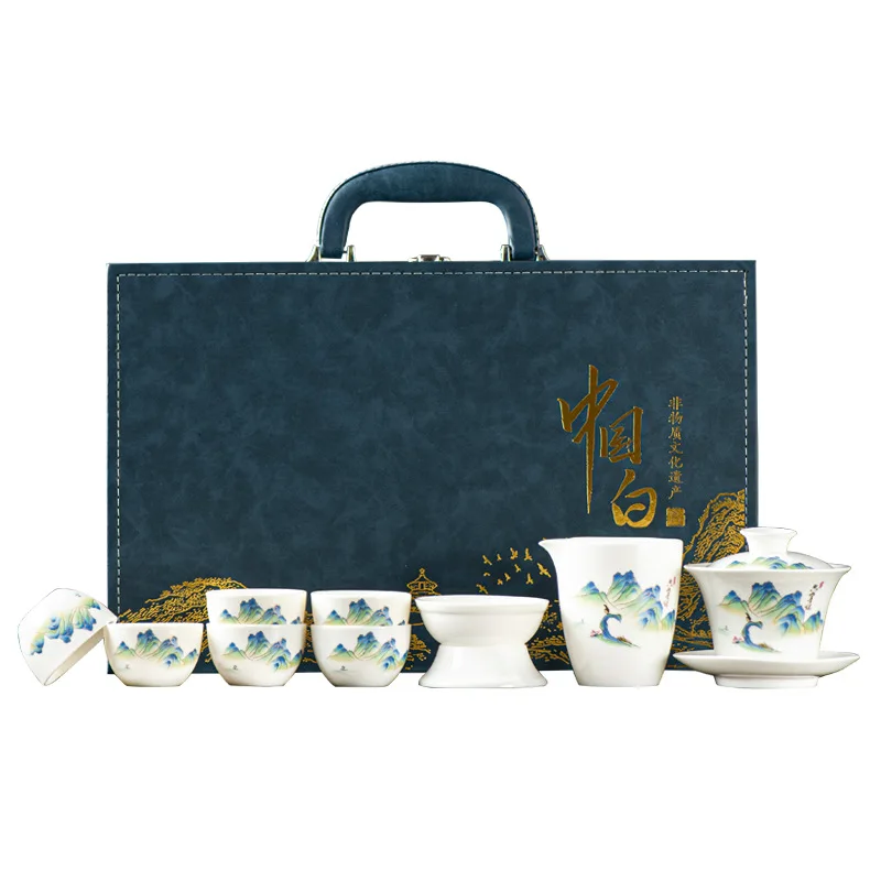 

PYH white porcelain kung fu tea set wholesale gift box high-end travel set cover bowl teacup Dehua suet jade