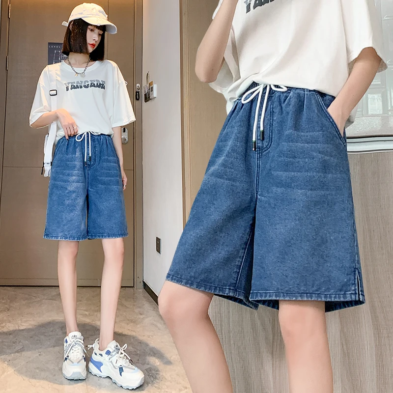 New Streetwear Jeans Bermuda Shorts For Women Midi Half Length Big Size Blue Black Denim Shorts Loose Wide Leg Short Femme Pants