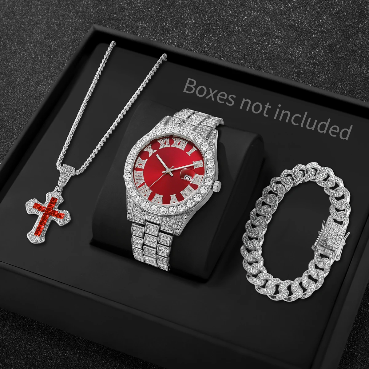 3PCS Luxury Full Diamond Men Quartz Watch Set with Necklace