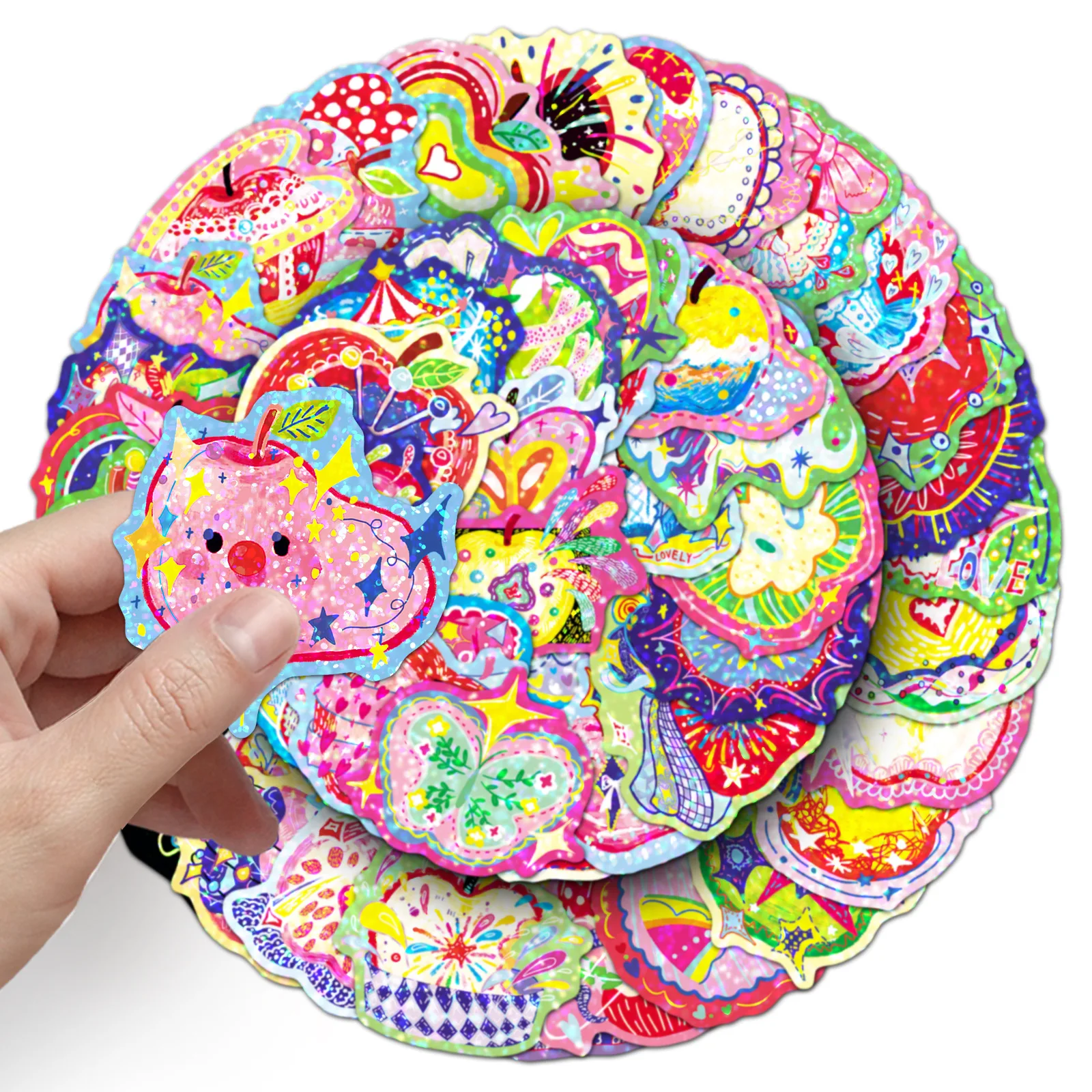 50PCS Cartoon Laser Apple Graffiti Sticker DIY Decoration Mobile Phone Case Notebook Water Cup Toy Gift Sticker