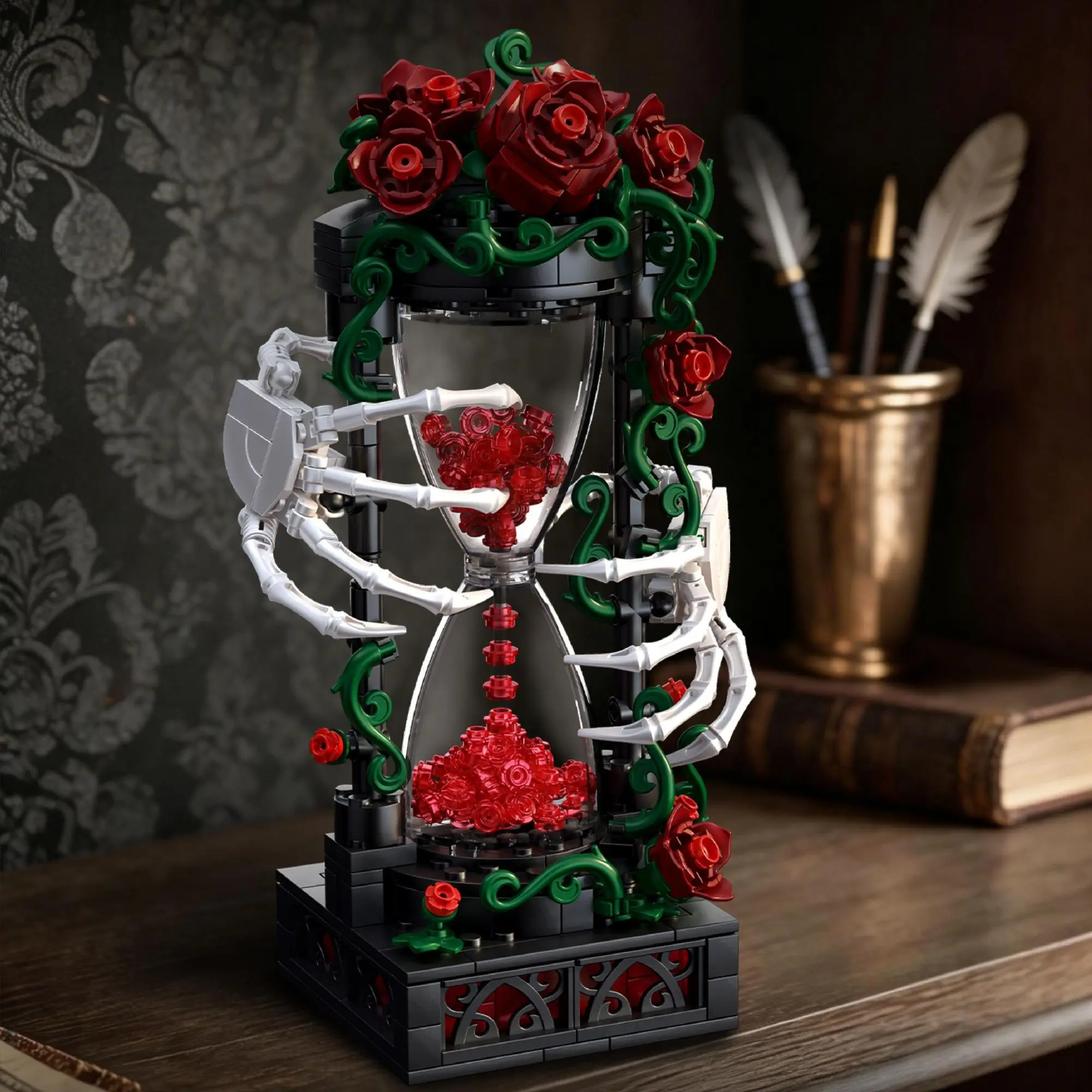 

376pcs Skeleton Hourglass Building Blocks Desktop Decoration MOC Gothic Style Rose Model Bricks Toys for Adults Halloween Gifts