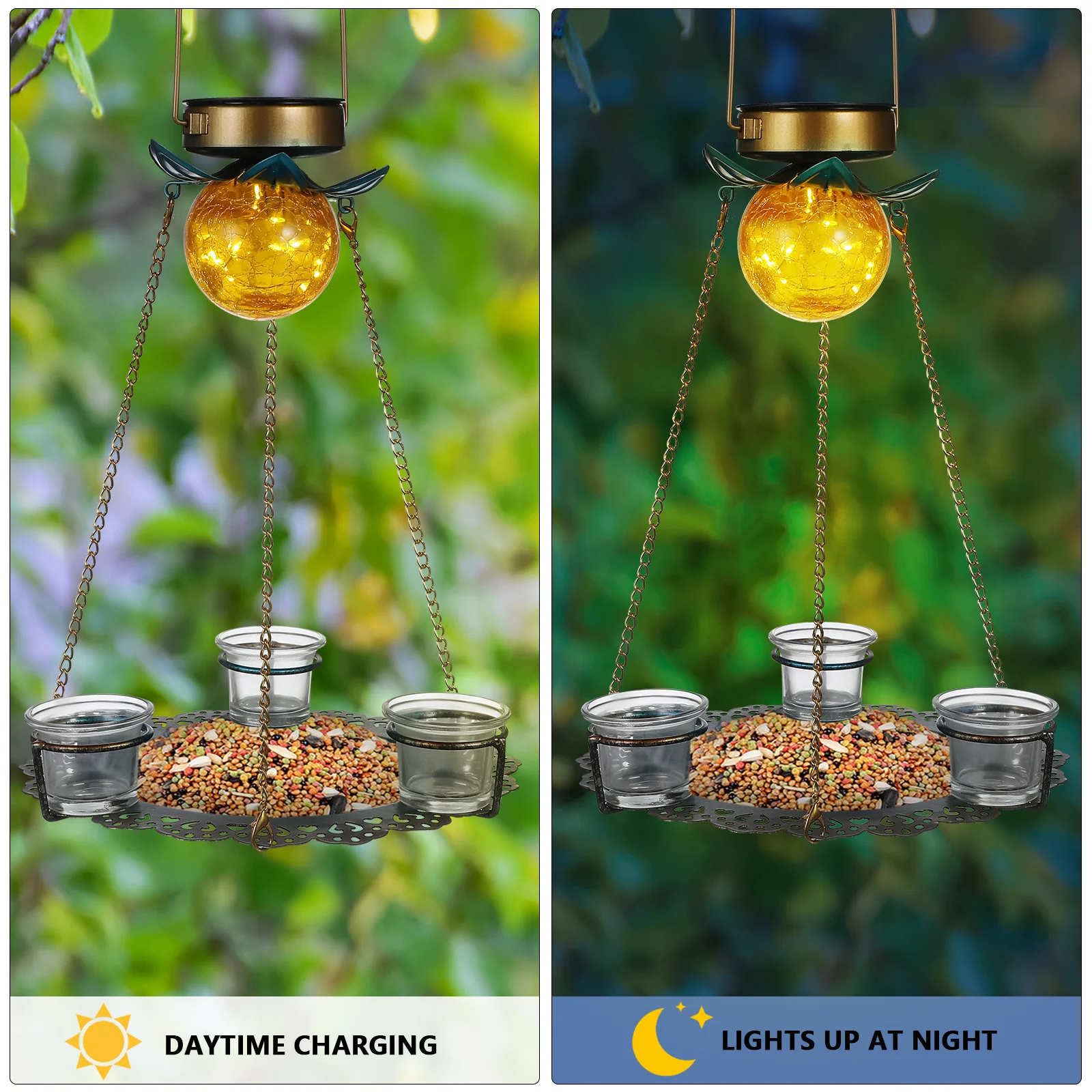 

Hanging Solar Bird Feeder Vintage Style Outdoor Bird Feeding Tray Platform with Solar Lamp for Continuous Illumination