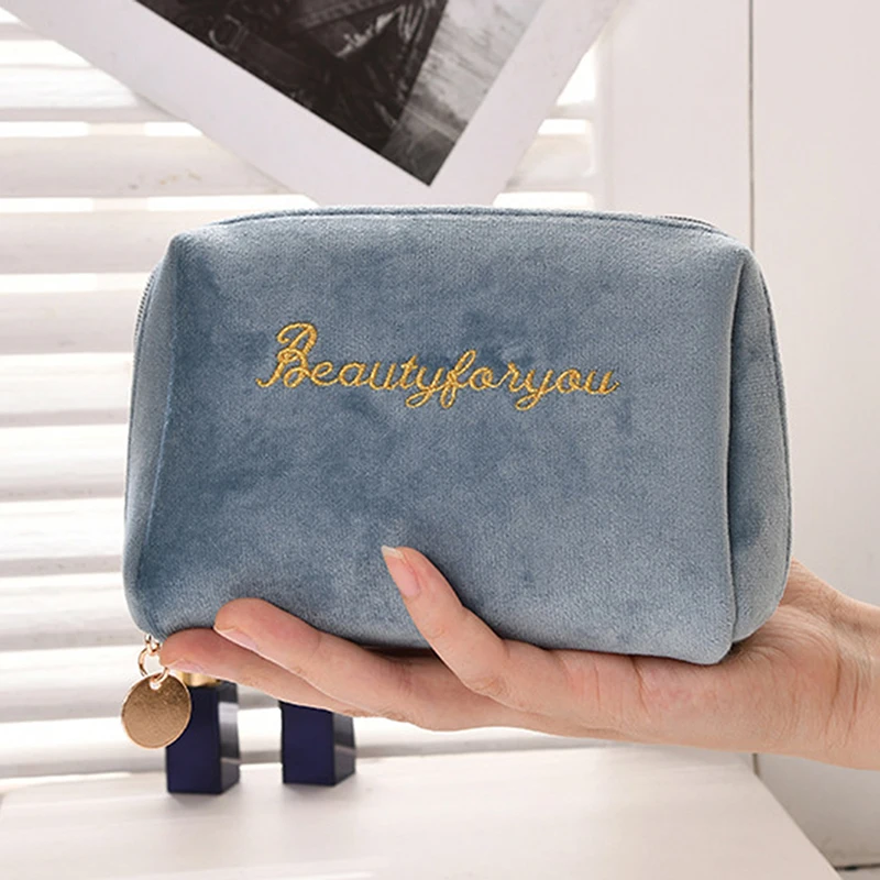 Women Make Up Bag Zipper Velvet Travel Large Cosmetic Bag For Makeup Solid Color Female Make Up Pouch Necessaries Handbag