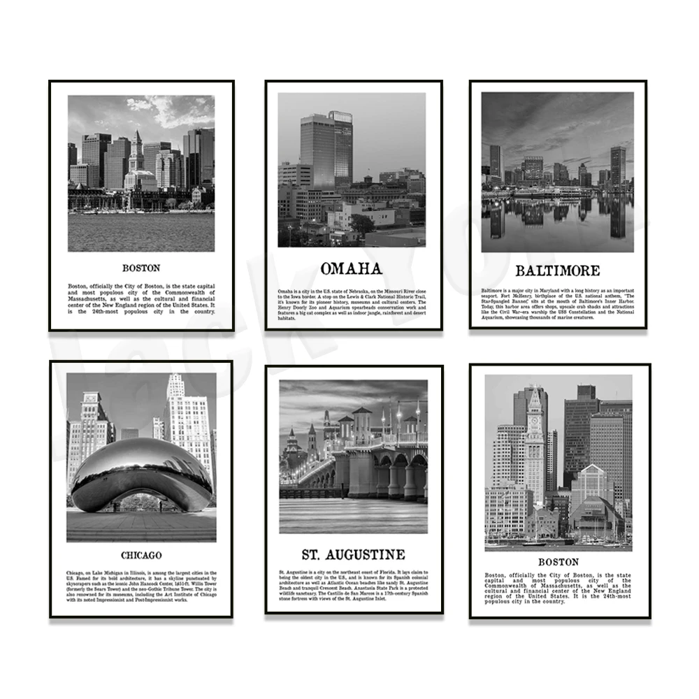 Omaha, Detroit, Boston, Chicago, Baltimore, Toronto, Denver, Augusta, Houston, Instone. Augustine Black and White Travel Poster