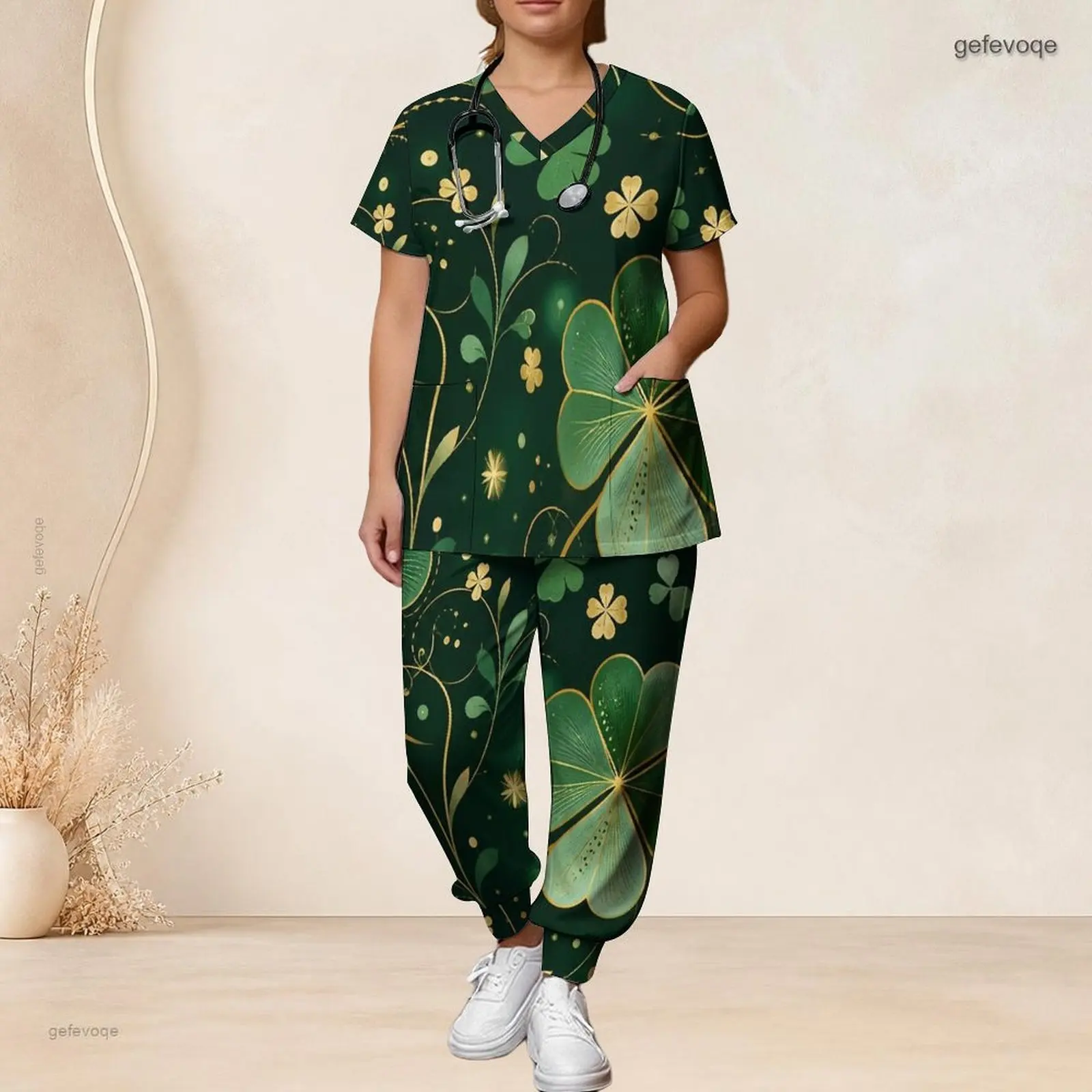 Women V Neck Short Sleeve Pocket Top Long Pants Two Piece Printed Scrub Set
