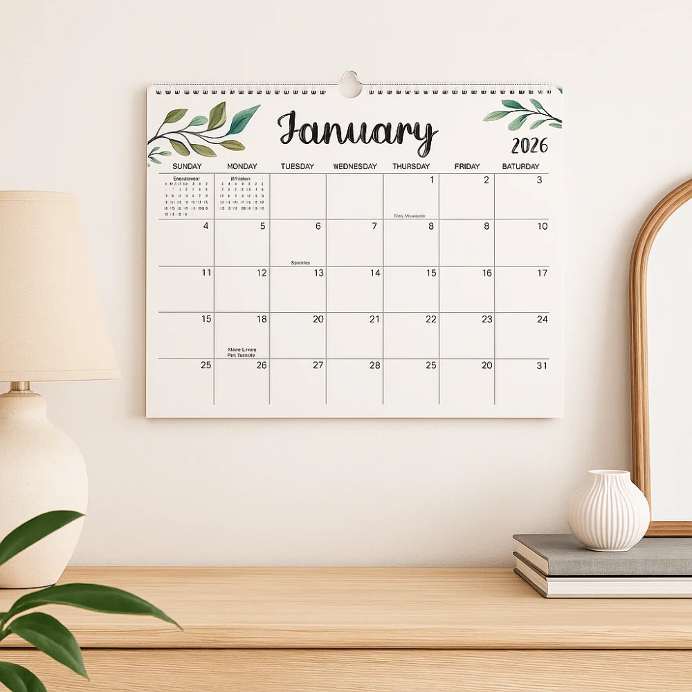 

18 Months Leaf Pattern Calendar Coil Binding Square English Calendar Minimalist Portable Wall Calendar Home Decoration