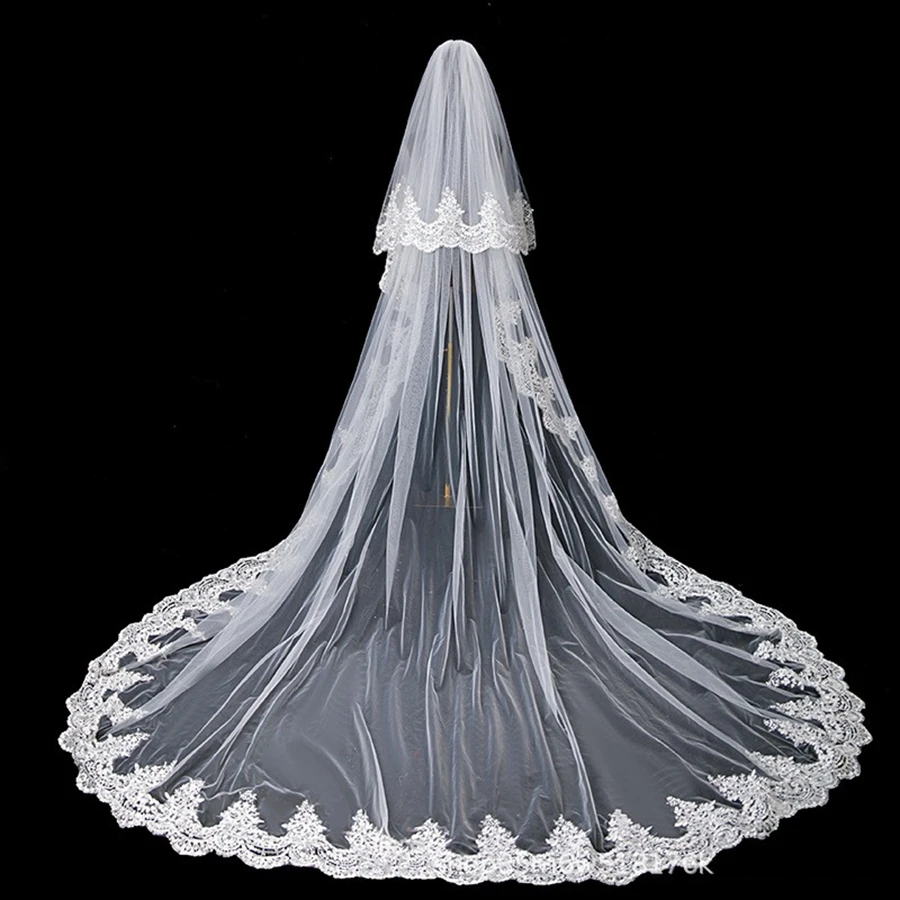 New Arrival White Ivory Cathedral Wedding Veils Beaded Crystals Bride wedding accessories Veu de noiva Lace Appliques Veils