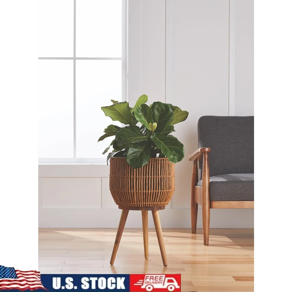 

13 Inch Round Resin Rattan Planter with Acacia Wood Legs Indoor Outdoor Decorative Pot Home Garden Living Room Sunroom