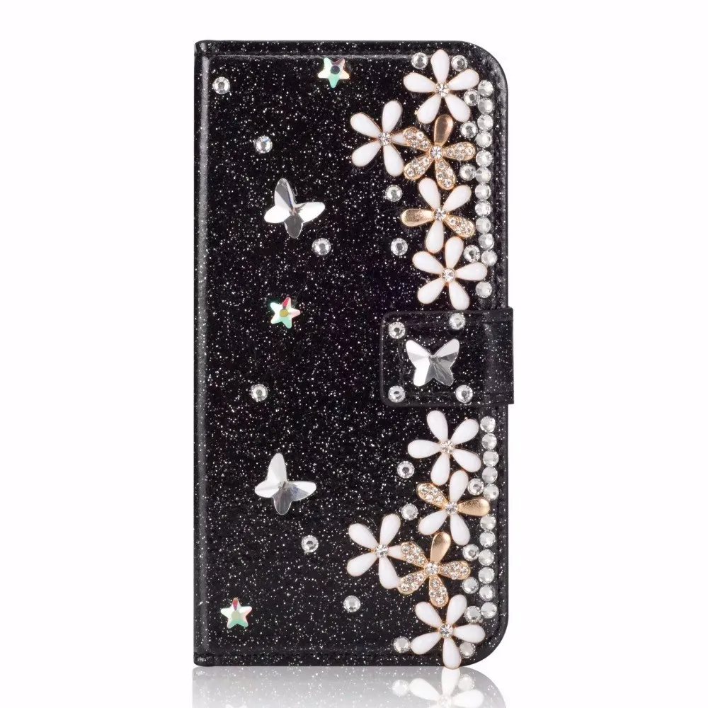 Bling Diamond Rhinestone Flower Case for iPhone 11 12 13 14 15 16 Pro Max XR XS 7 Case Black Leather Magnetic Flip Wallet Cover