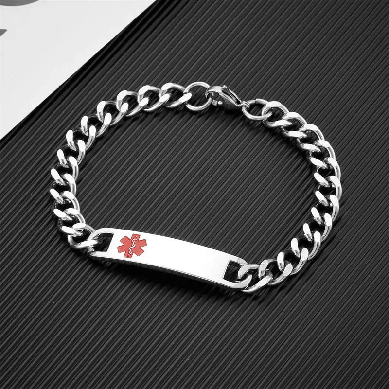 Punk SOS Medical Custom Text braccialetti in acciaio inossidabile per le donne l\'asta dell\'emblema del serpente di Asclepius bracciali da uomo