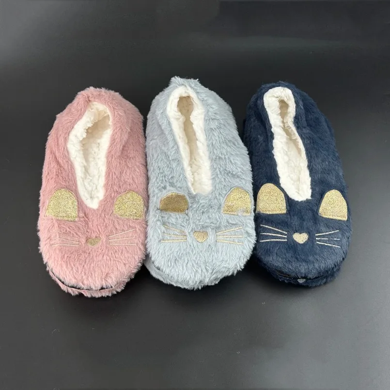 Home Winter Warm Slipper Women Kawai Cat Thick Fur Plush Anti Skid Grip Cute Funny Indoor House Fluffy Female Floor Shoes Ladies