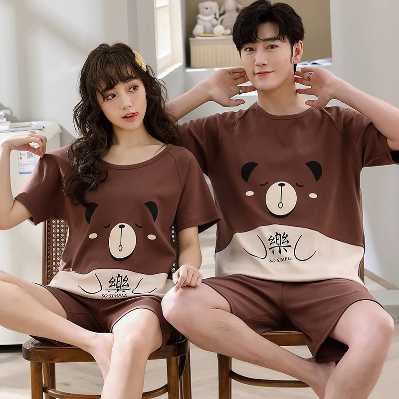 Summer Couples Cotton Pajamas Sets Women Men Short Sleeve Shorts Pyjamas Sleepwear Cartoon Home Clothing Korean Lovers Homewear