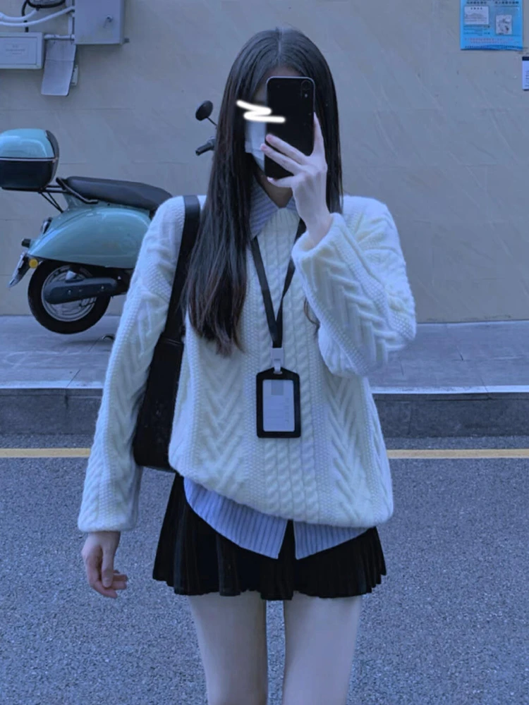 

Корейский свитер Lazy Sle класса люкс для женщин, осенне-зимний, свободный, универсальный, вязаный, длинный, с круглым вырезом, теплый термотоп