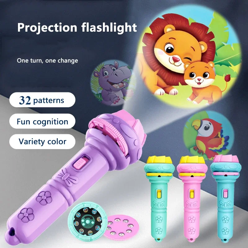 4 Cards Cartoon Projection Flashlight 32 Patterns Creative Children Flashlight Toy Projector Baby Toys Bedtime Story Book Toy