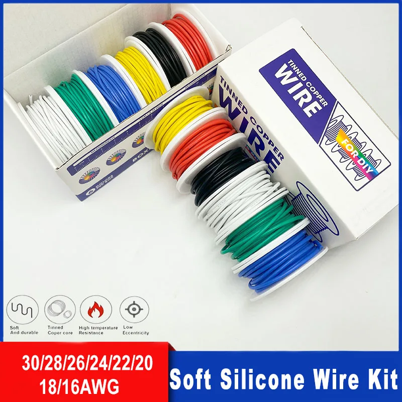 

Комплект мягких силиконовых проводов 16awg 18awg 20 22 24 26 28 30awg луженый медный провод (6 цветов) для электроники, проектов DIY, автомобилей