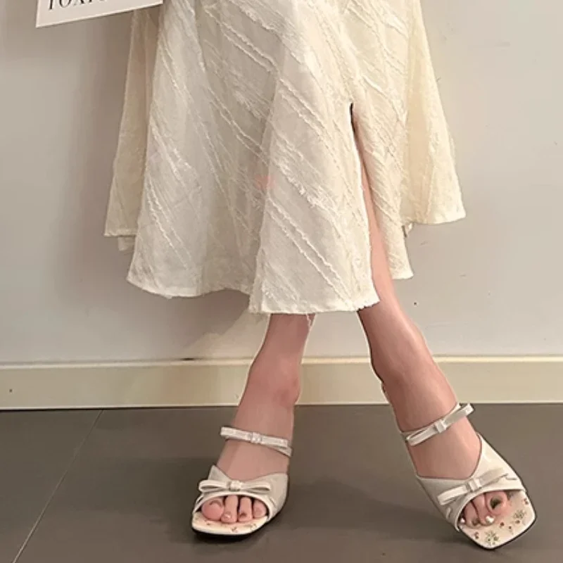 Flower Pink Bow Wedge Sandals for Women Slip On Shoes Wear Sandalias New Summer Mid Heels Slippers Square Head Open Toe Pumps view 4