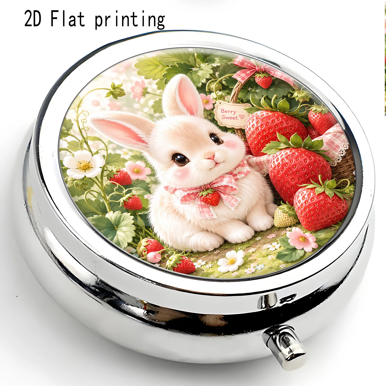 Pink and White Rabbit and Strawberry Flower Pattern, Round Three-Compartment Small Medicine Box, Portable Medicine Storage, Small Jewelry Storage, Suitable for Handbags or Travel, Holiday Gifts, Souvenirs, Prizes, Small Gifts, Suitable for Personal Use or as an Exquisite Gift Option