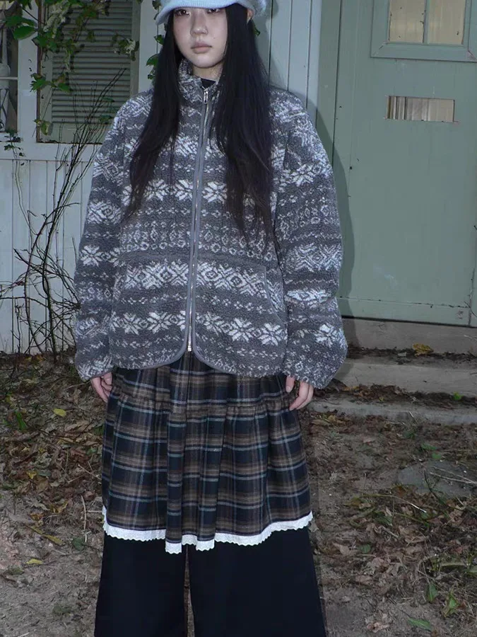 Retro fair isle bordado lapela cor blo pele de cordeiro jaet feminino inverno aosphere solto preguiçoso sle casaco de algodão na moda