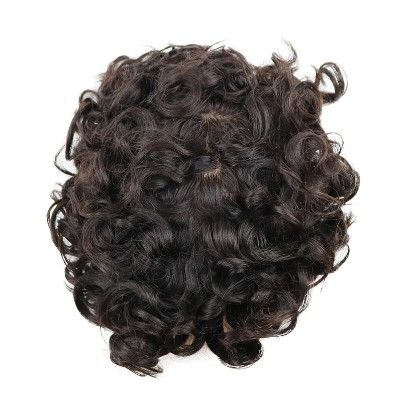 Medium Brown 26mm Natural Curly Men HairPieces Prosthesis Capillary Natural Hairline Human Hair Men Toupee Full Skin PU Base Wig