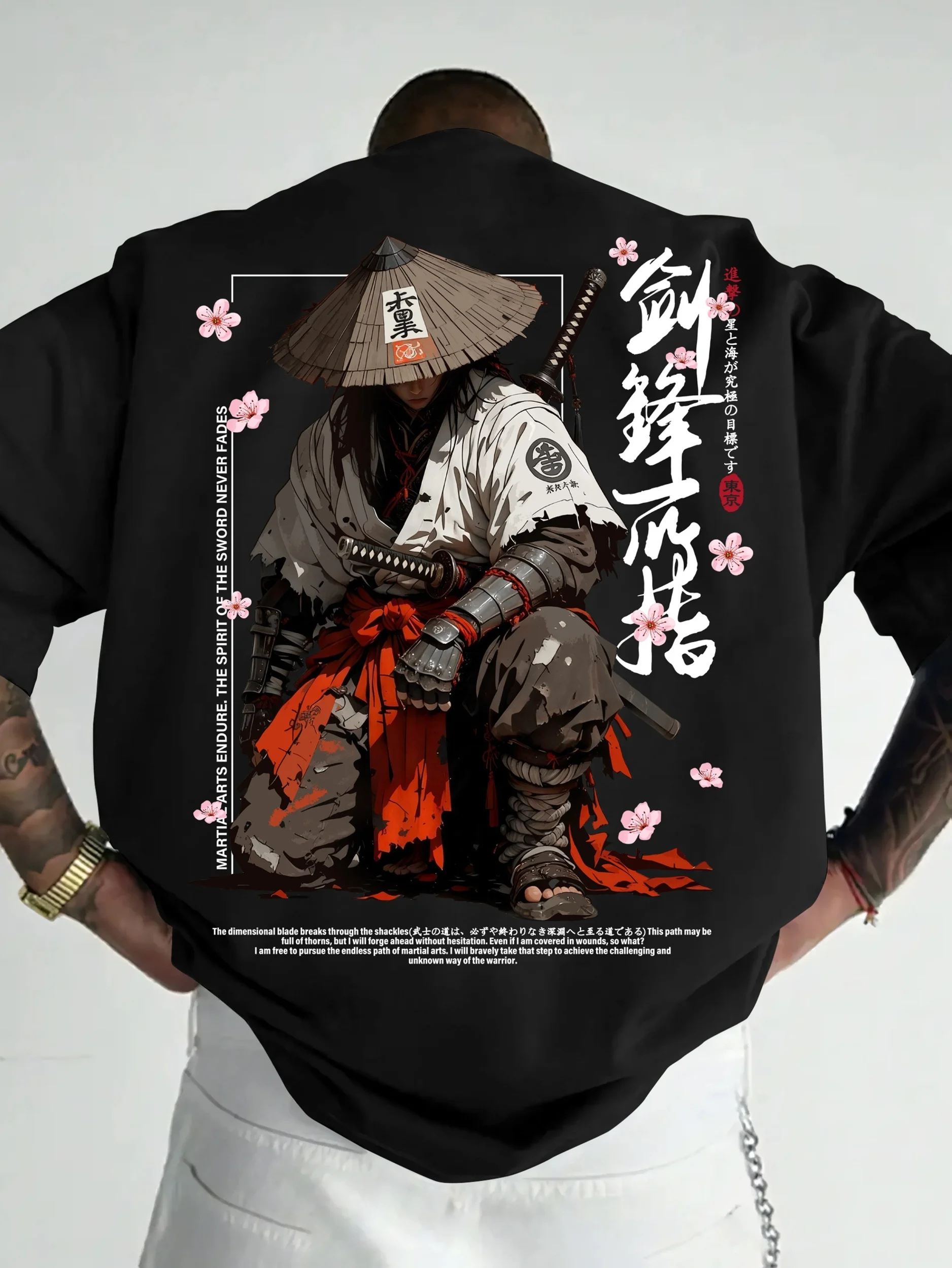 Summer Men's Japanese-style Ink-Wash Style T-shirt with Sword Blades Pointing Forward Ideal Urban Street Warrior Fashion Trend