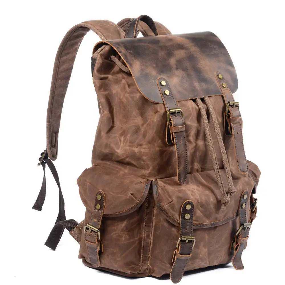 Oil Waxed Traveling Students Rucksacks Large Capacity Waterproof Laptop Daypacks Pure Cotton Canvas Leather Backpacks