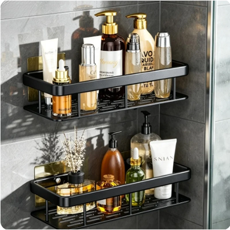 Black Rust Proof 2-Pack Polished Metal Wall Mounted No Drill Bathroom Shelves Space Saving Shower Caddy for Shampoo Storage
